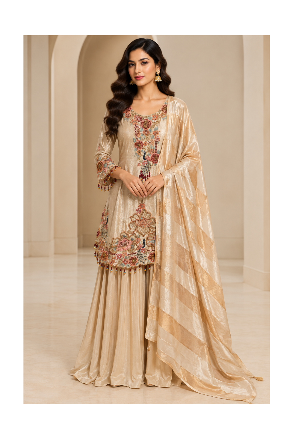 Champagne-Gold Tissue-Silk Embroidered Short Kurti, Flared Sharara Main image