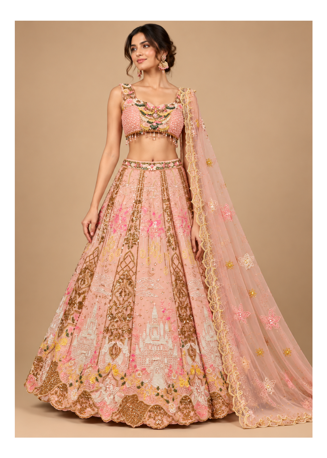 Blush Peach Monument Embroidered Bridal Lehenga