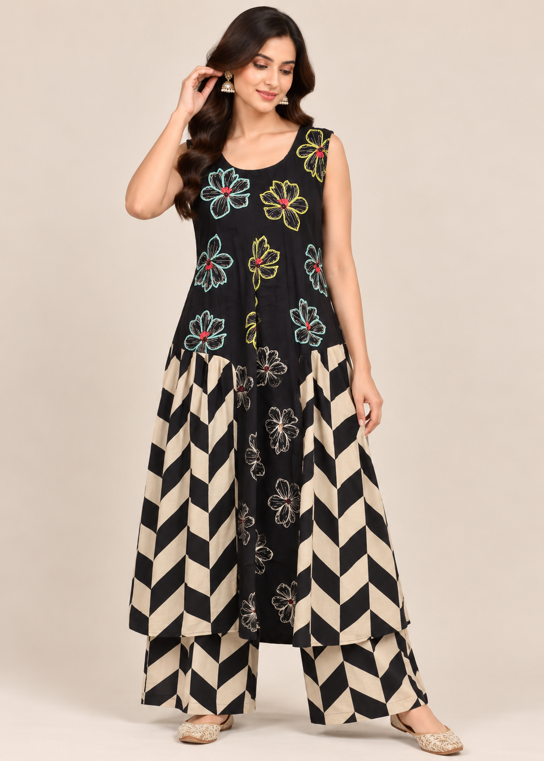 Black Beige Floral and Chevron Printed Sleeveless Kurti with Palazzo Set Main image