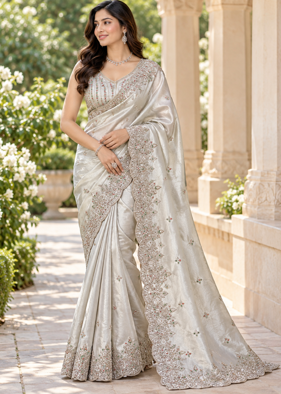 Silver Off-White Tissue Silk Saree with Heavy Scalloped Zardozi Border