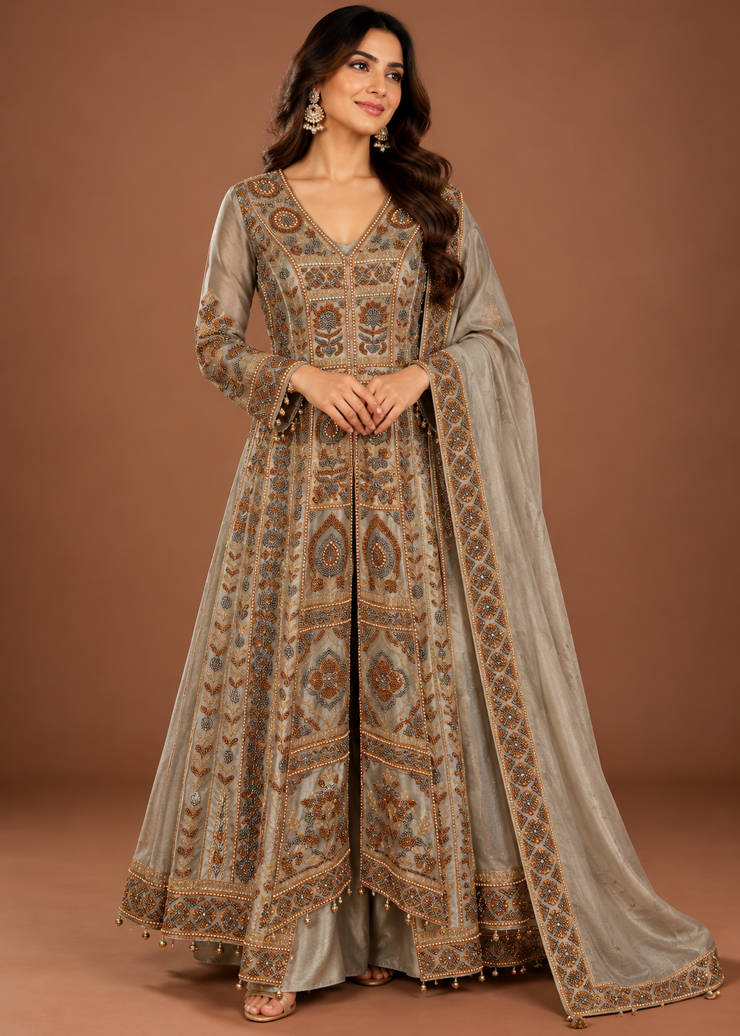 Taupe Grey Embroidered Front-Slit Anarkali Set