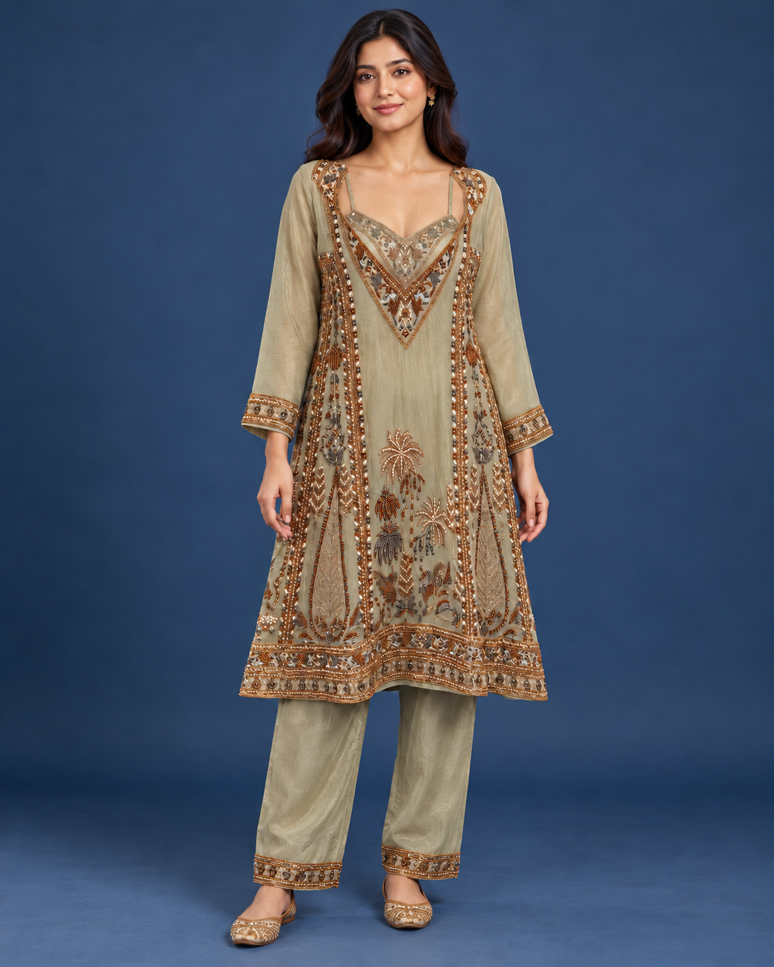 Olive Sage Embroidered Tissue Suit Set