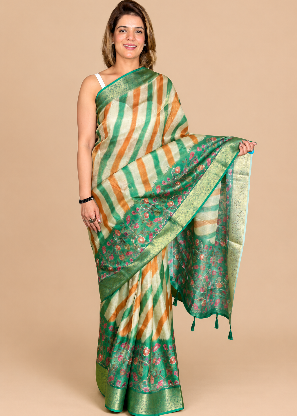 Tricolor Elegance: Floral Border Striped Organza Saree Main image