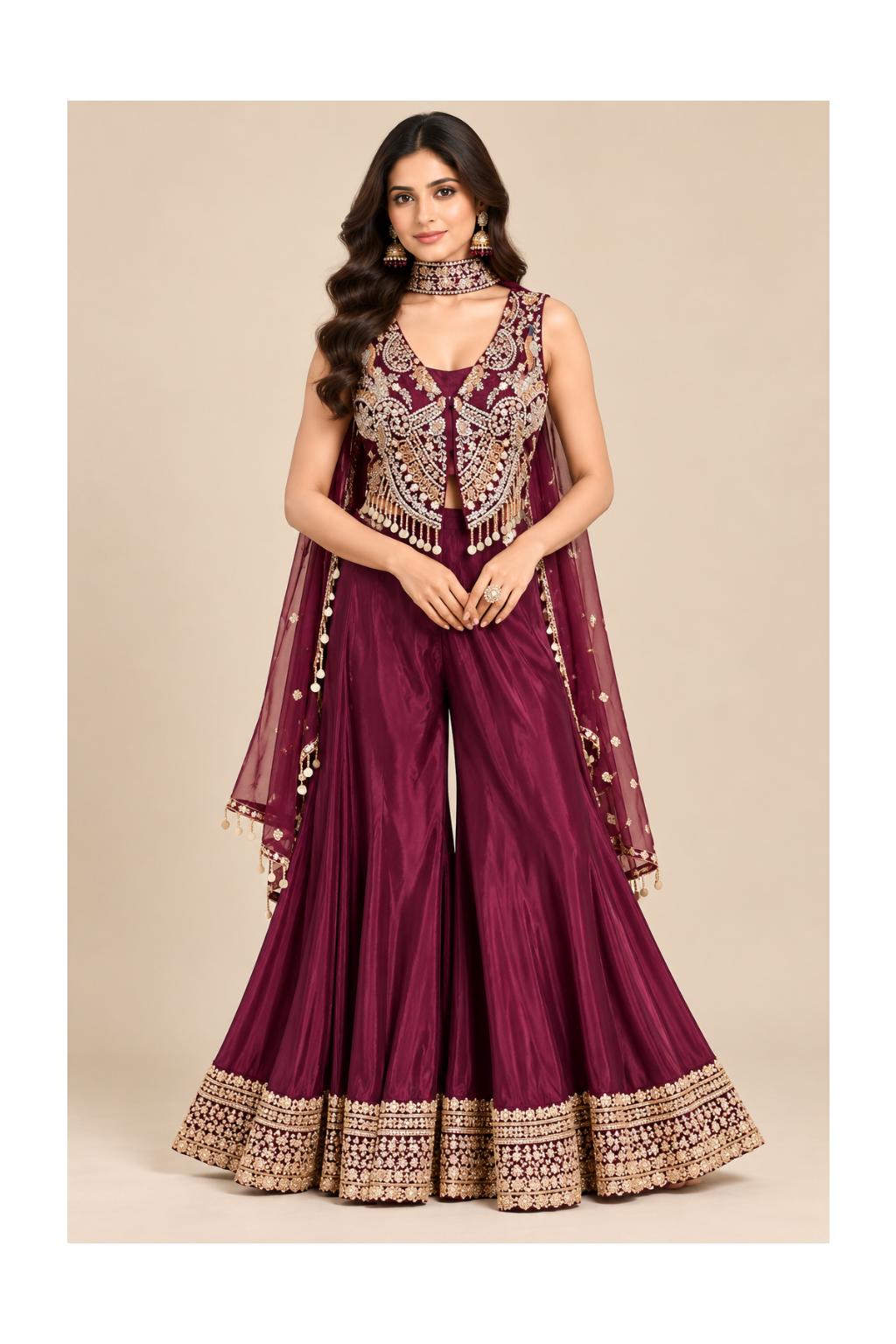 Wine Embroidered Jacket & Sharara Set Main image