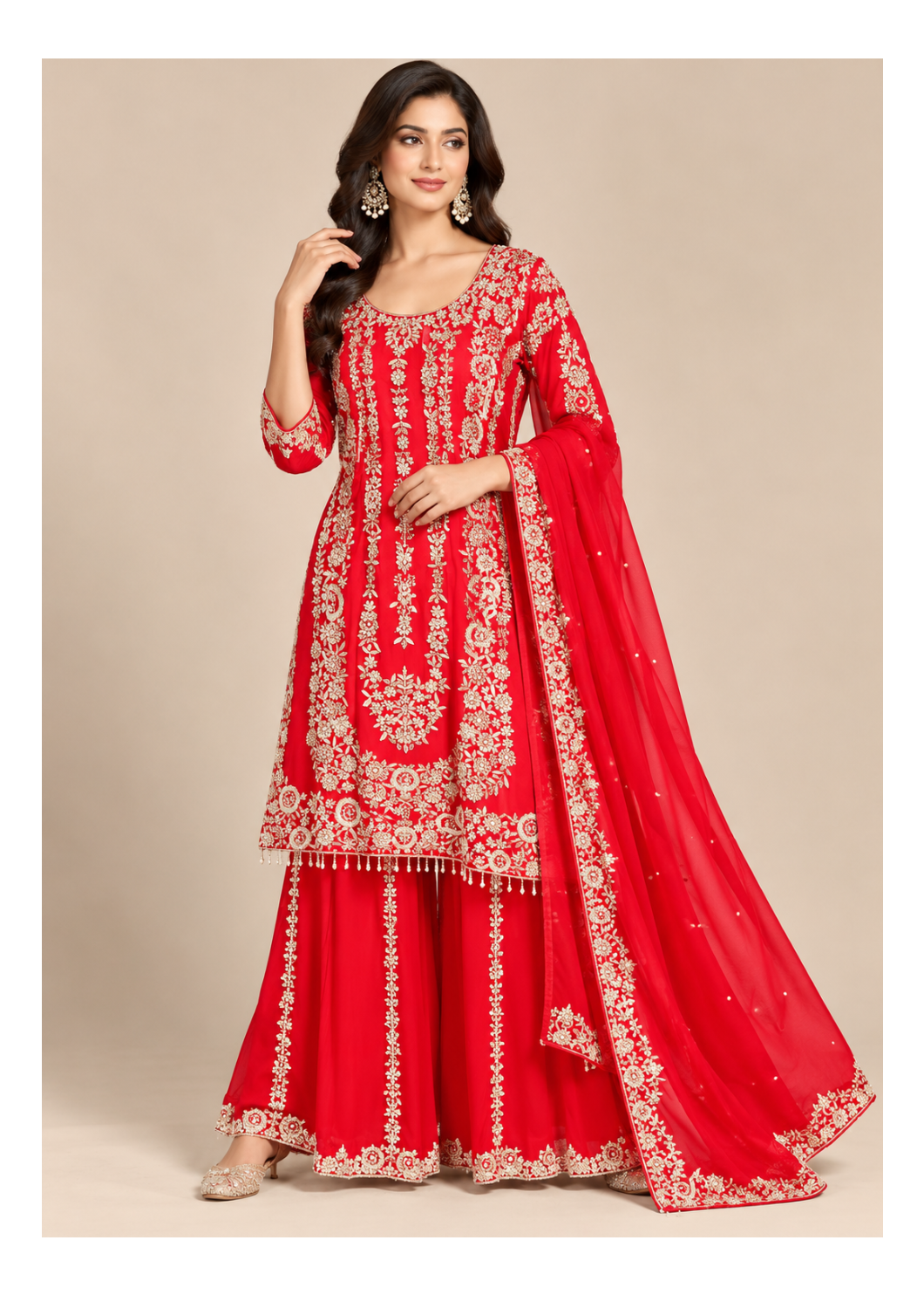 Scarlet-Red Embroidered Kurti, Flared Sharara