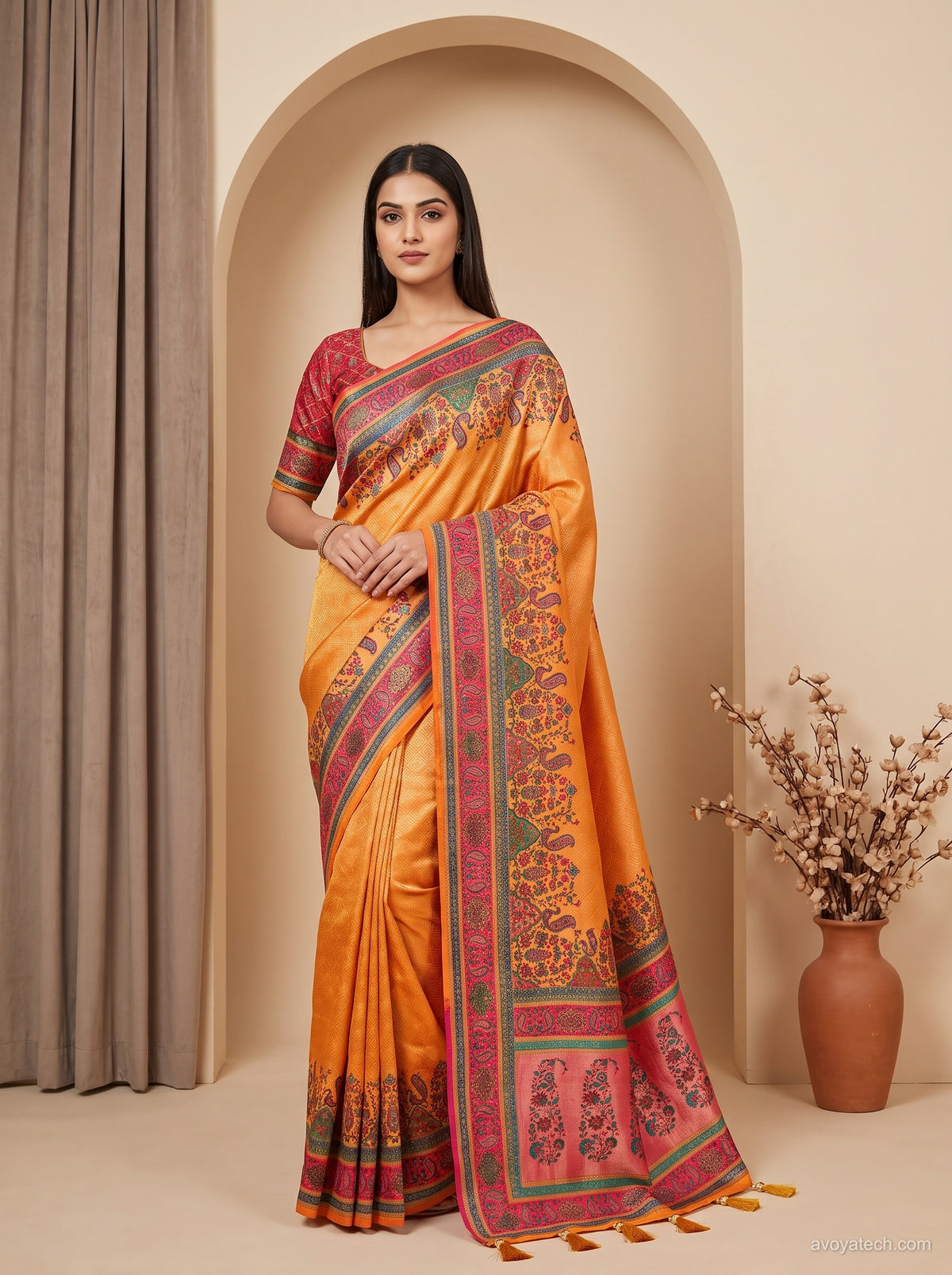 Mustard Yellow &amp; Rani Pink Jacquard Silk Saree with Jamawar Paisley Border Main image