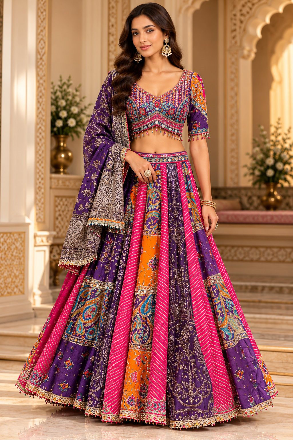 Multicolour Panelled Festive Lehenga
