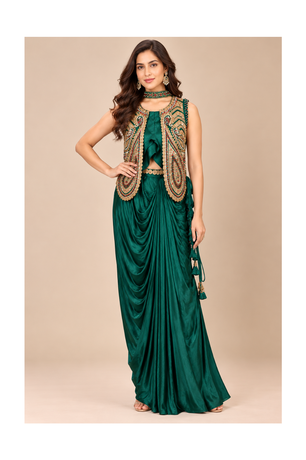 Emerald Green Embroidered Koti Jacket & Cowl Dhoti-Skirt Set