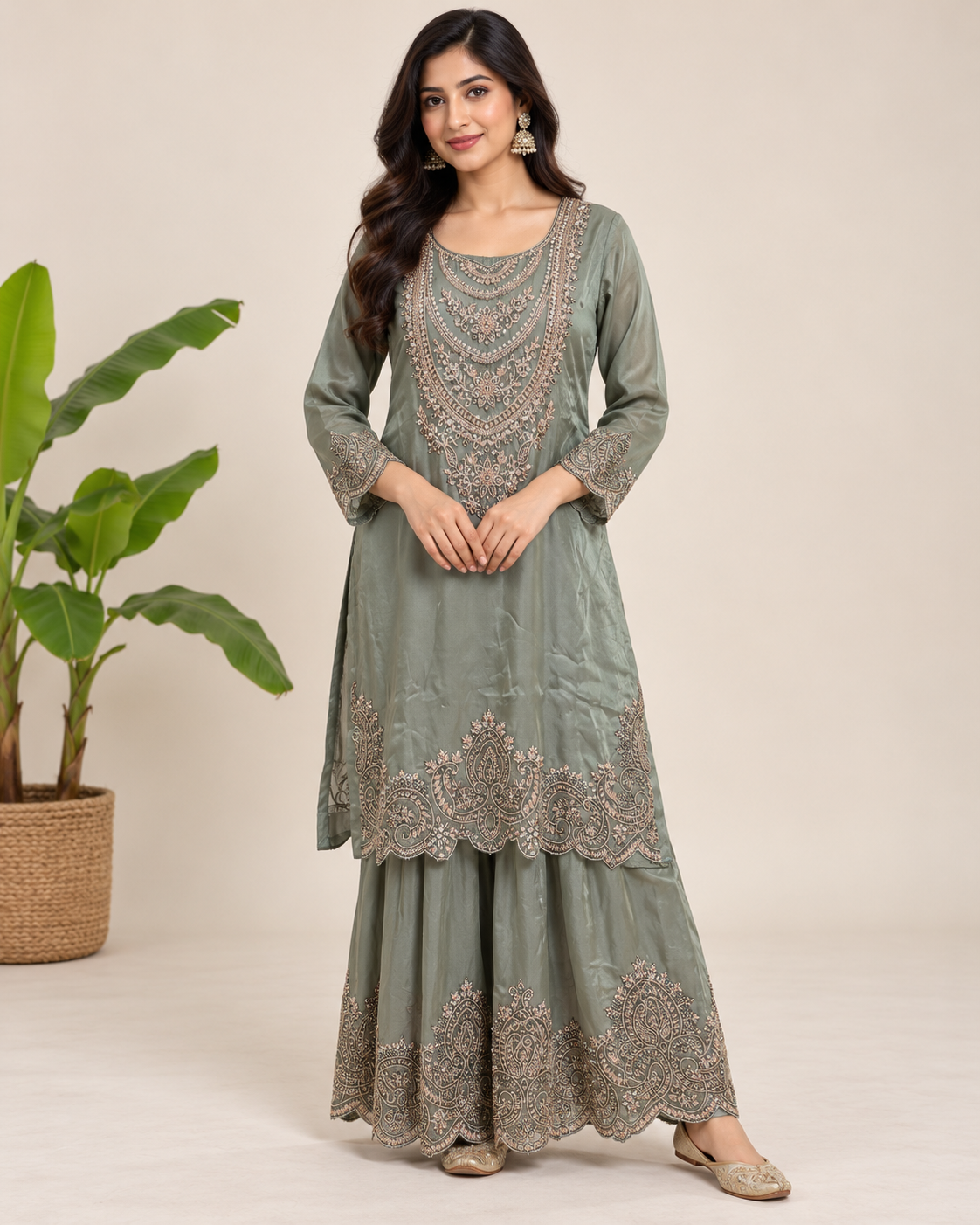 mbroidered Sage Green Sharara Set Main image