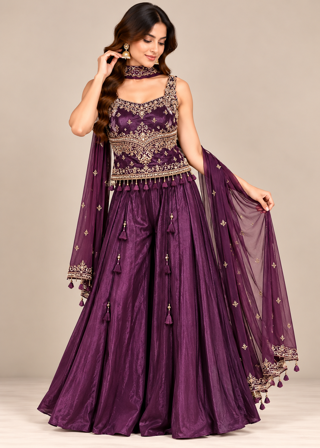 Royal Purple Embroidered Sharara Suit with Dupatta