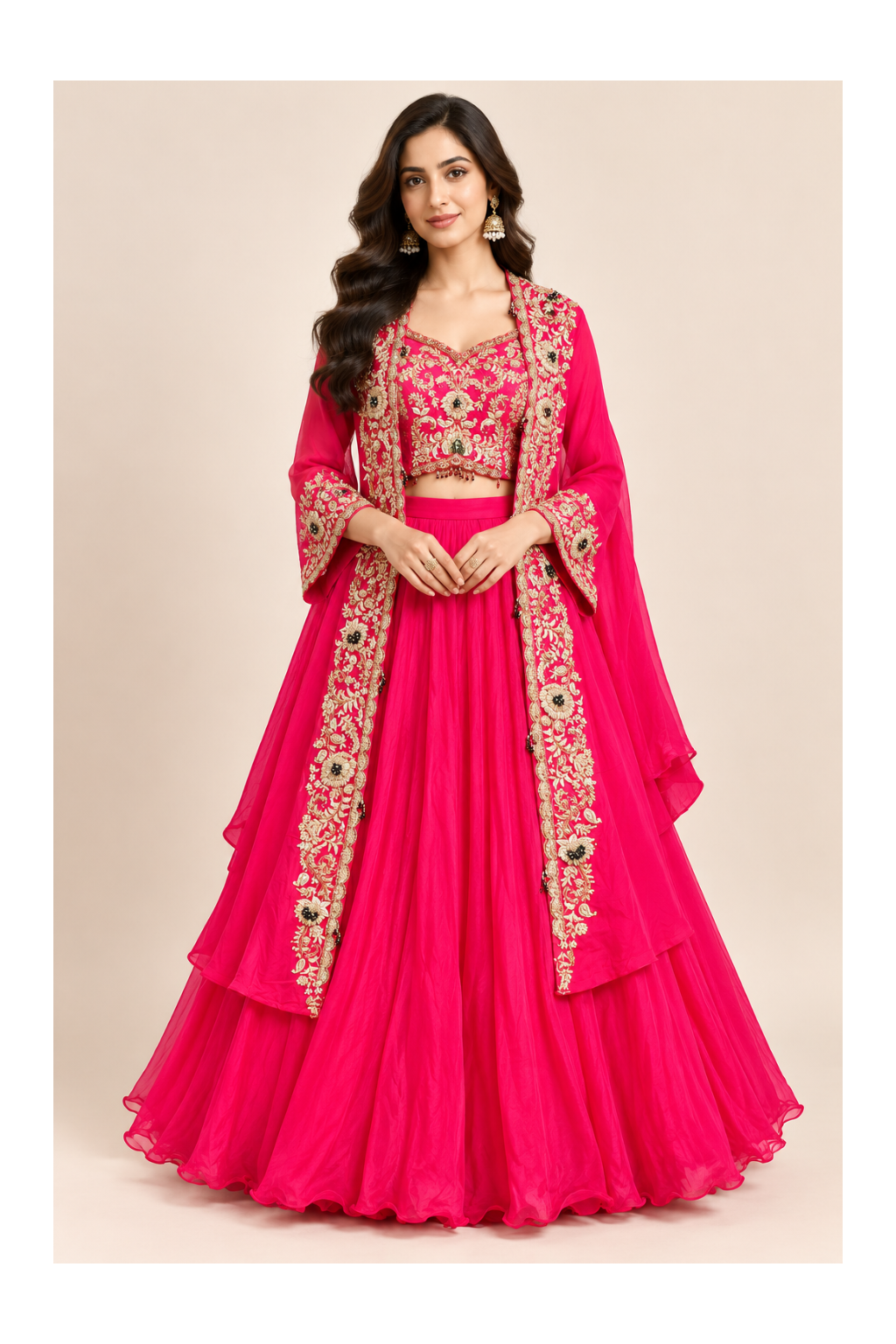 Rani Pink Embroidered Bustier, Jacket & Flared Skirt Set Main image