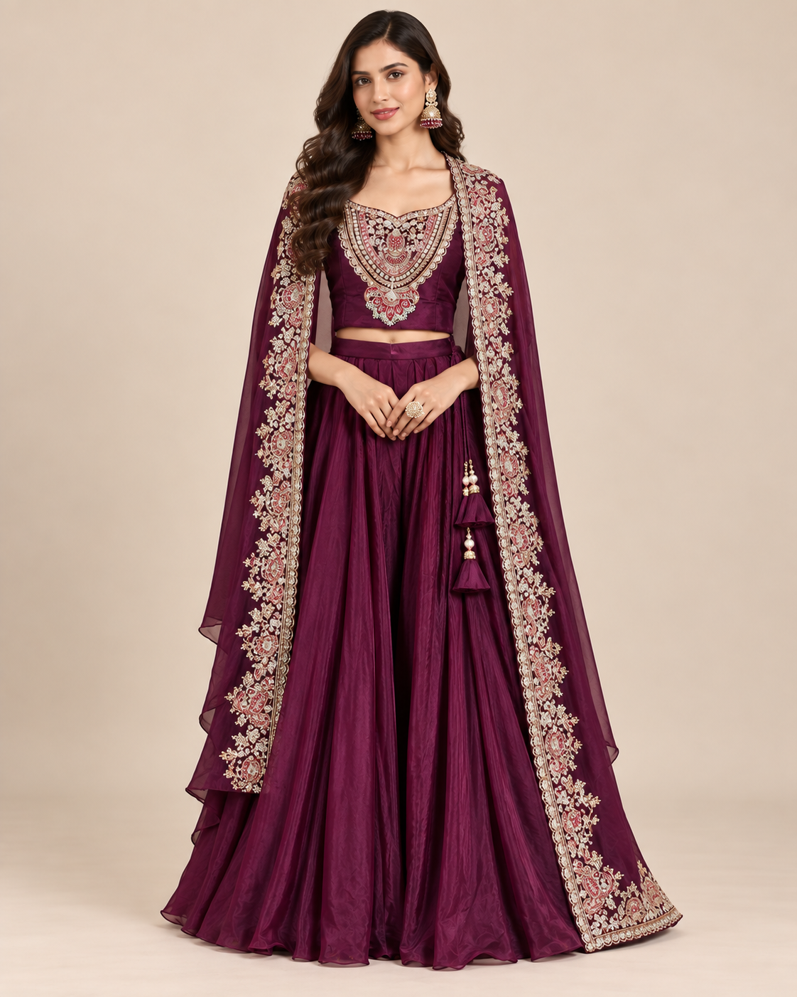 Purple Plum Embroidered Cape Skirt Set Main image