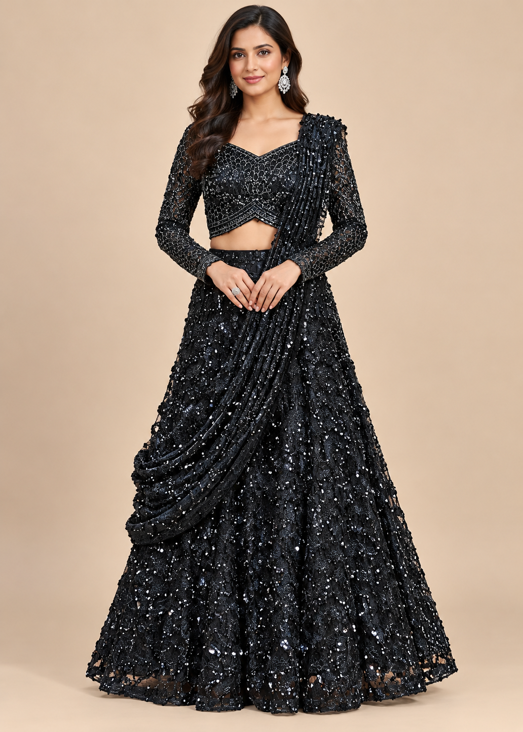 Midnight Black Sequin Embroidered Blouse & Pre-Draped Lehenga-Saree Set
