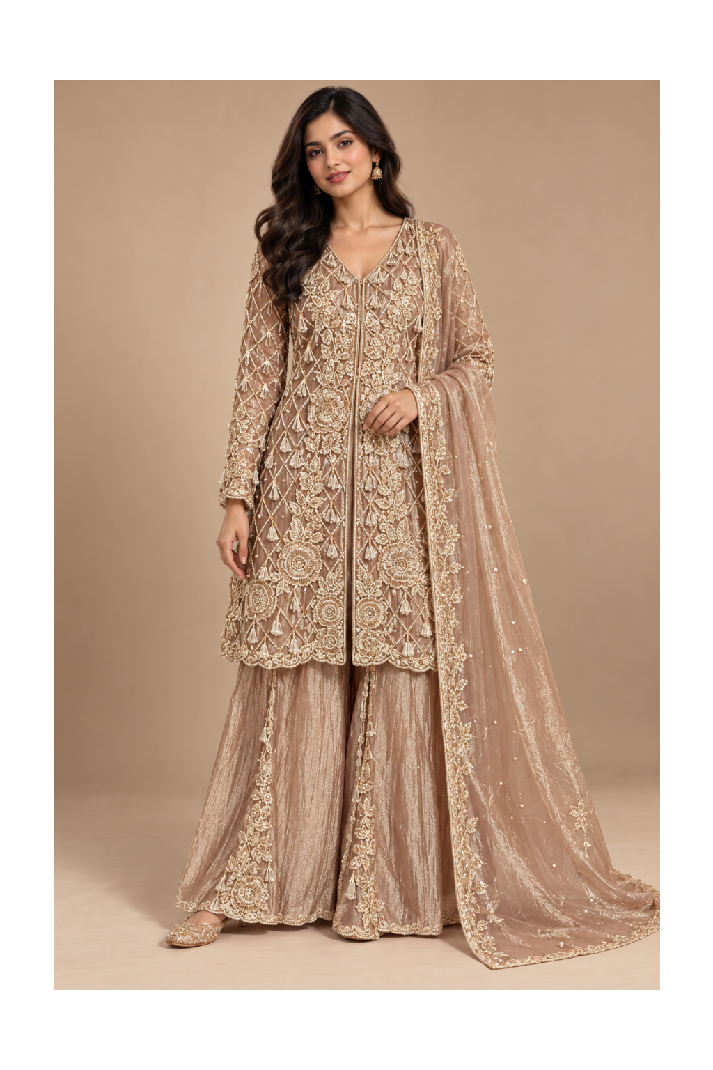 Champagne-Taupe Tulle Embroidered Jacket Kurti, Crushed Sharara Main image