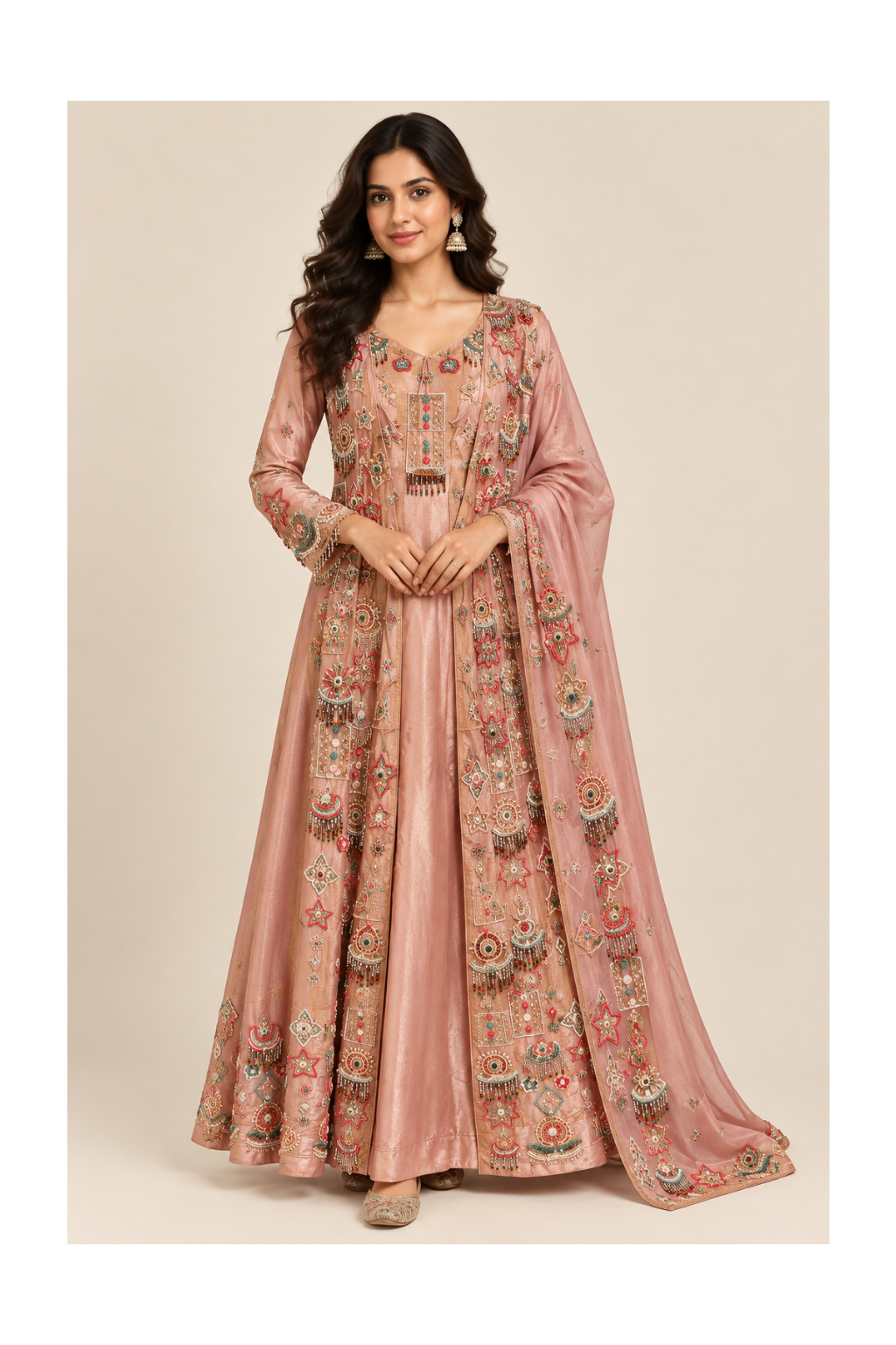Dusty Peach-Rose Embroidered Long Jacket, Anarkali Gown Main image