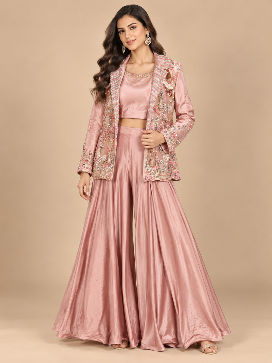 Blush Rose Pink Silk Sharara Set with Crop Top & Embellished Blazer Jacket Main image