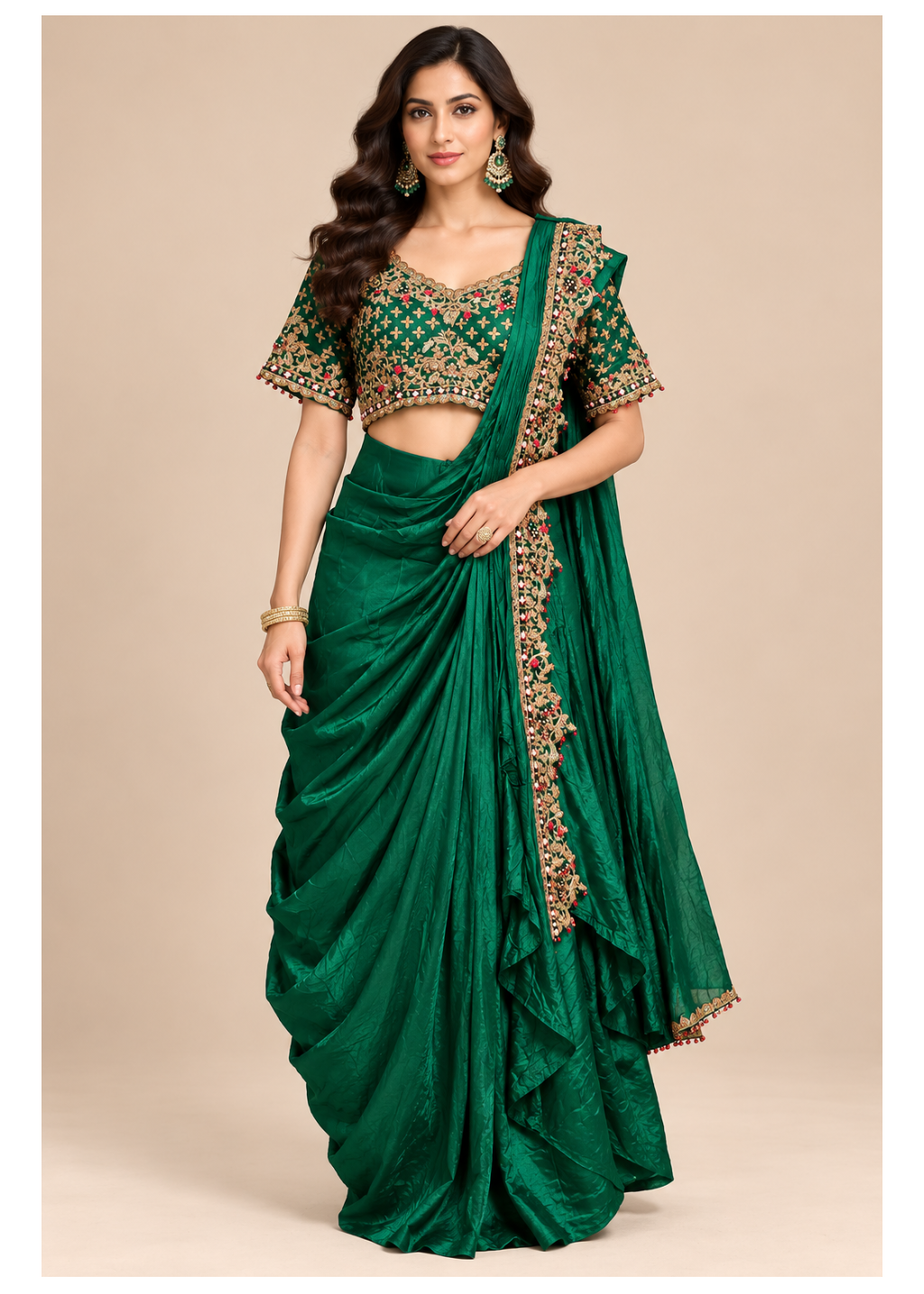 Emerald Green Embroidered Blouse & Pre-Draped Cowl Saree Set