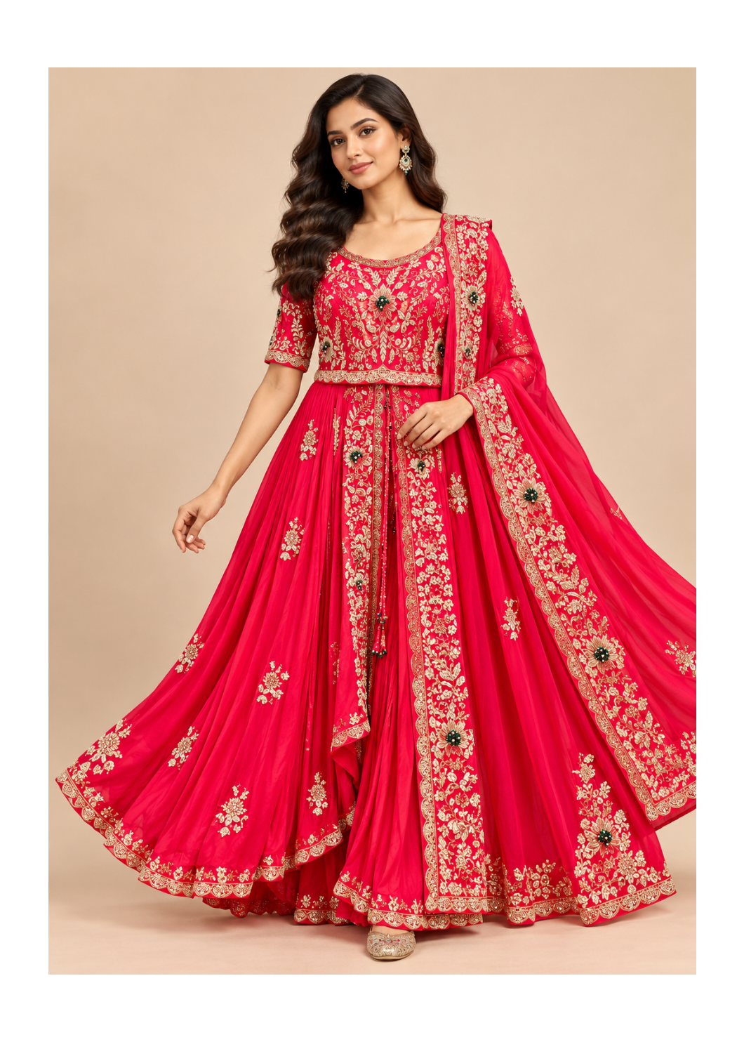 Crimson-Cherry Embroidered Front-Slit Anarkali Jacket, Sharara