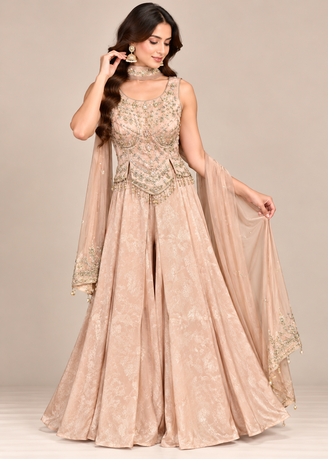 Peach Embroidered Anarkali Suit with Sheer Dupatta Main image