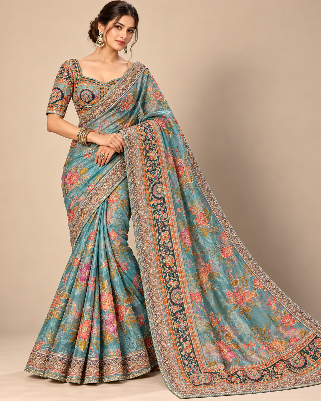 Teal Blue Floral Digital Printed and Embroidered Organza Saree with Blouse Main image
