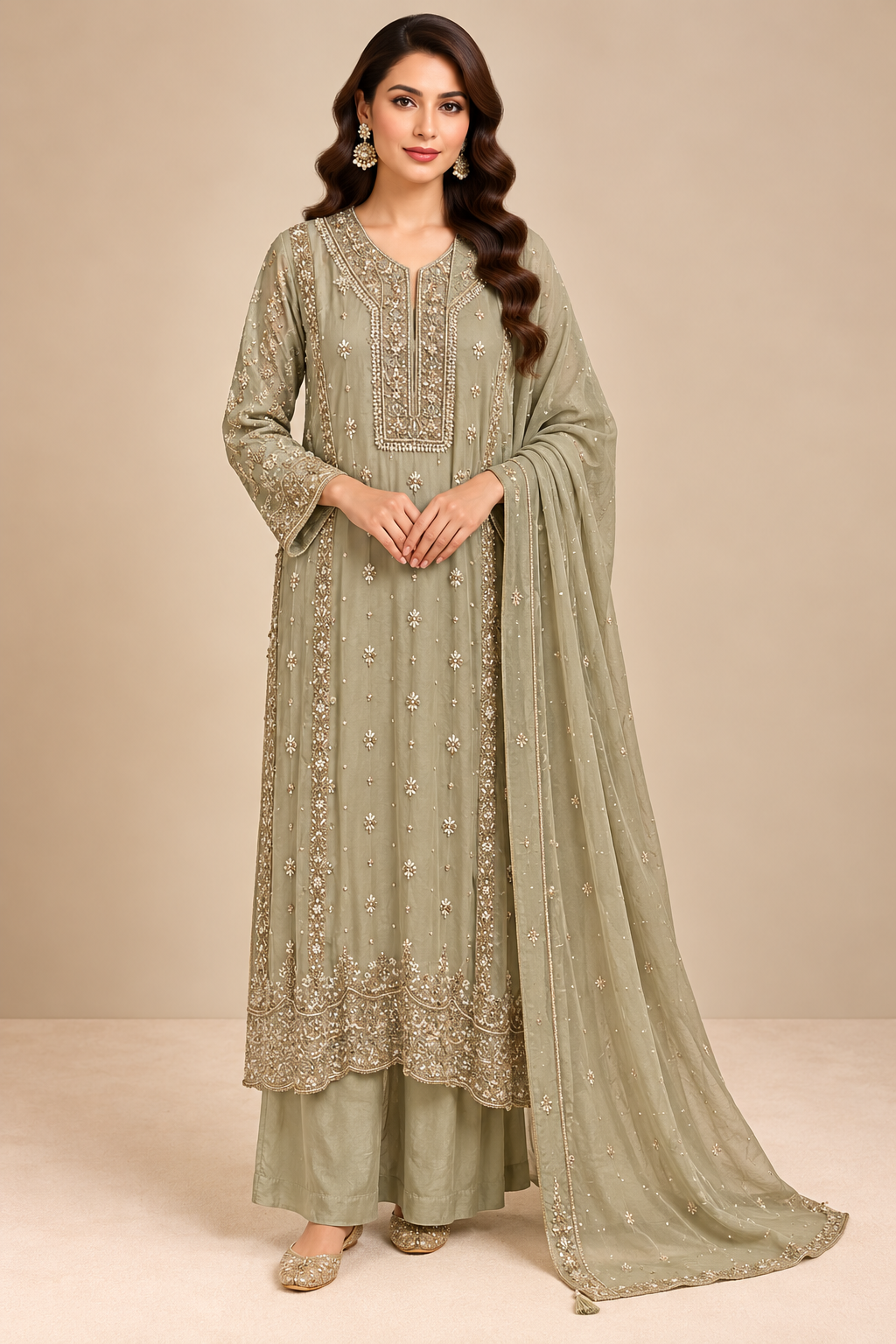 Sage Olive Green Hand-Embroidered Georgette Straight Kurta & Palazzo Pant Set with Dupatta Main image