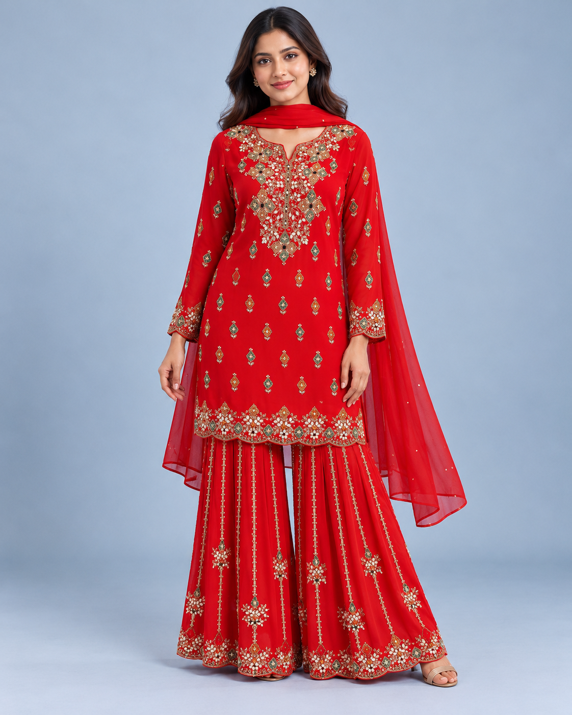 Scarlet Red Embroidered Georgette Sharara Set