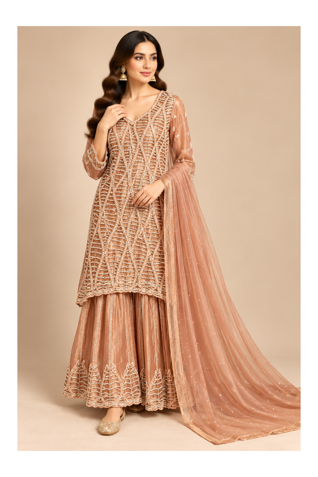 Rose-Gold Metallic Lattice-Embroidered Kurti, Flared Sharara