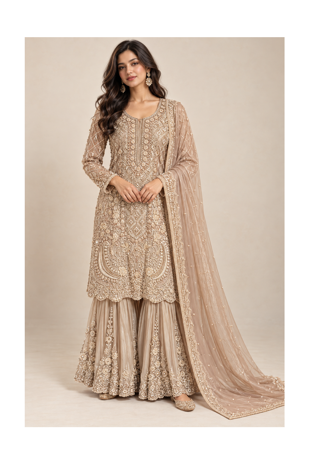 Antique Champagne-Beige Heavily Encrusted Kurti, Flared Sharara