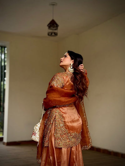 Luxurious Burnt Orange Sharara Set with Gold Embellishments (1045 B-44)