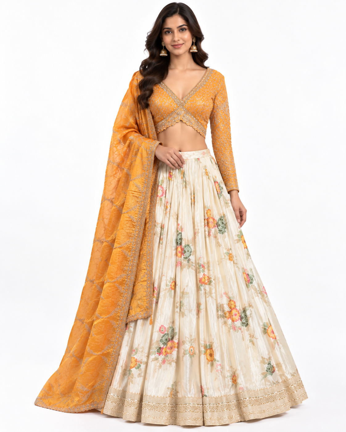 Cream Floral Lehenga with Mustard Embroidered Blouse Main image