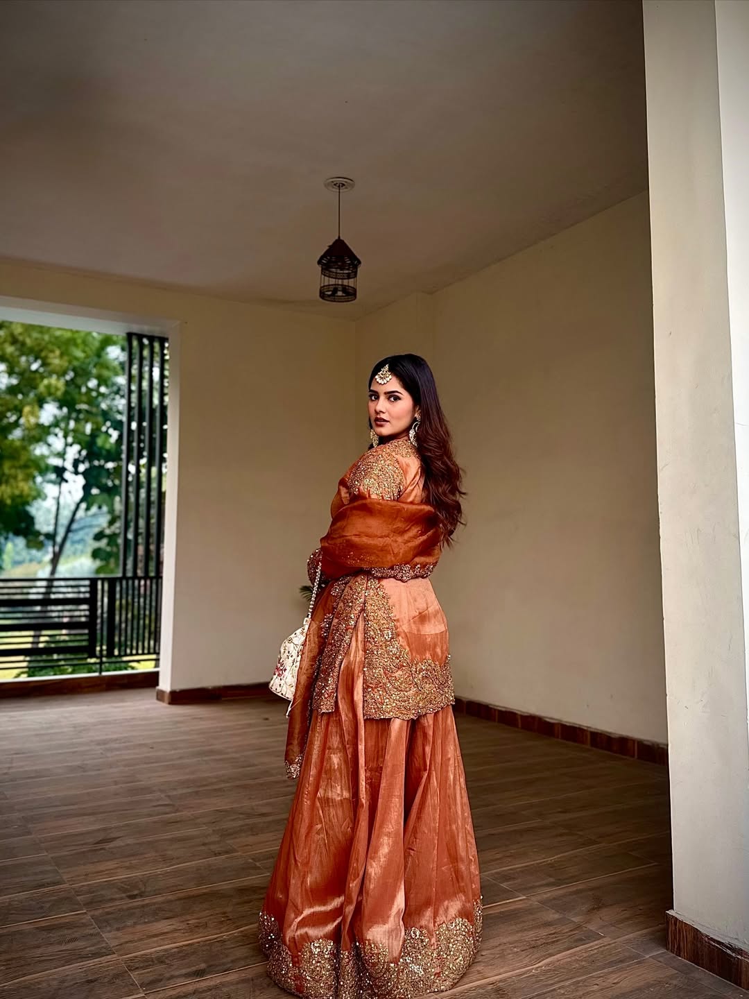 Luxurious Burnt Orange Sharara Set with Gold Embellishments (1045 B-44)
