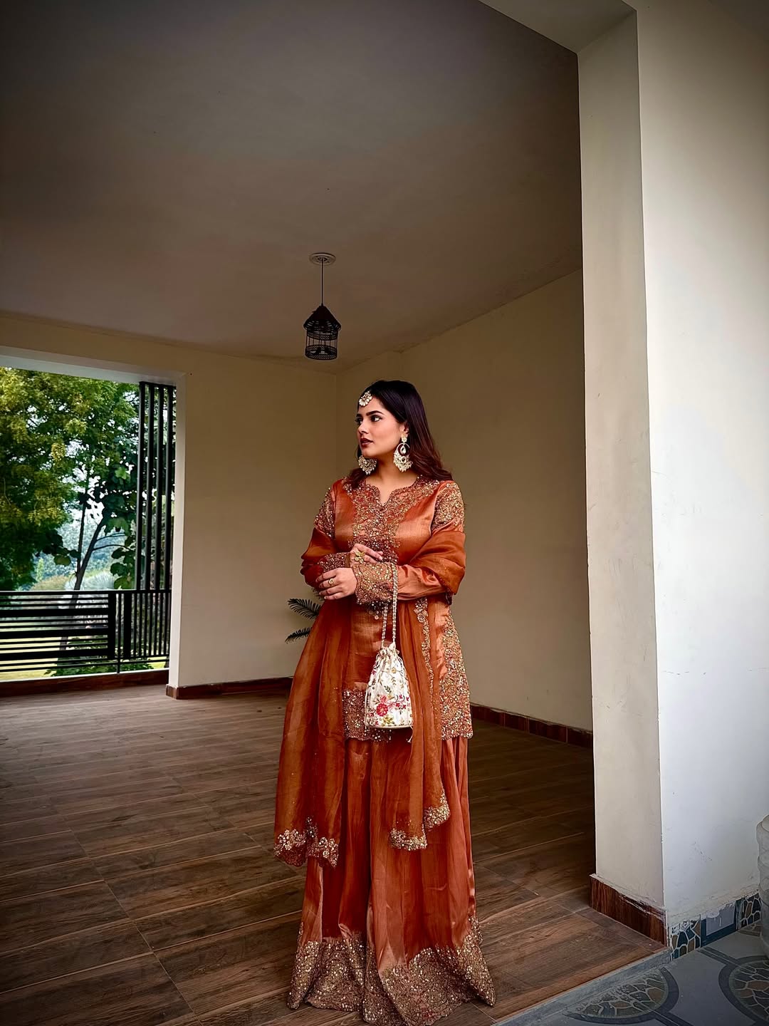 Luxurious Burnt Orange Sharara Set with Gold Embellishments (1045 B-44) Main image