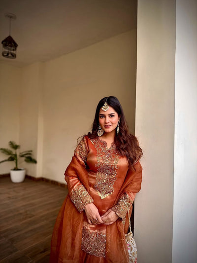 Luxurious Burnt Orange Sharara Set with Gold Embellishments (1045 B-44)