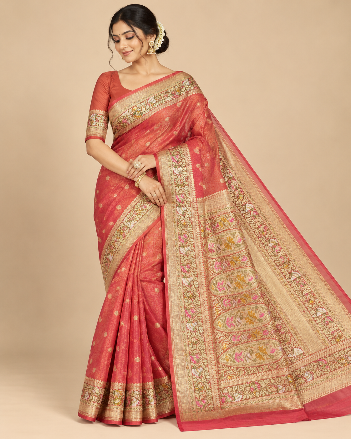 Coral Pink Shikargah Meenakari Banarasi Silk Saree