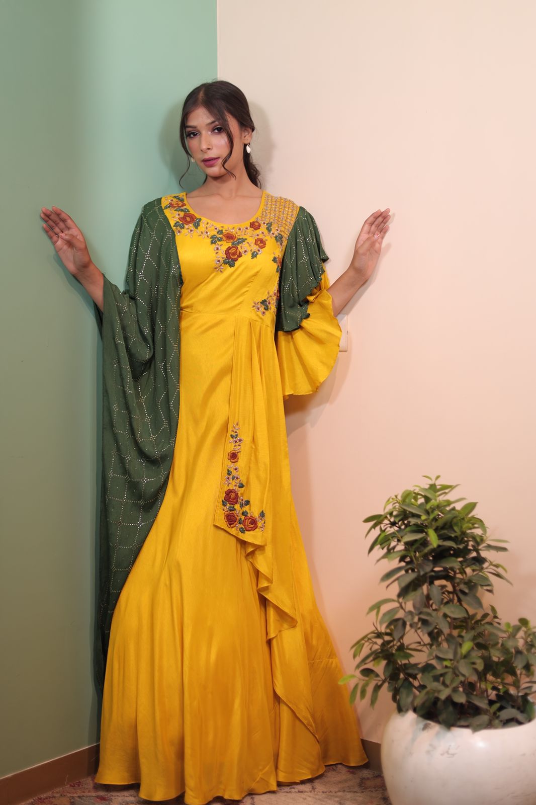 Mustard Yellow and Forest Green Satin Silk Western Dress