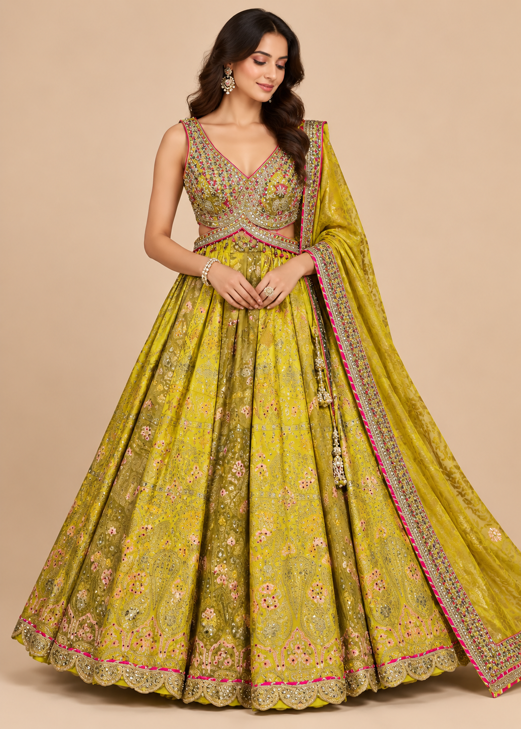 Lime Green Hand-Embroidered Kalidar Lehenga Set with Dupatta Main image