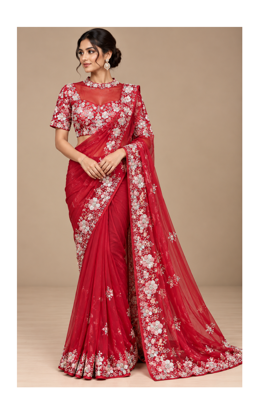 Red Saree Fabric with Pastel Floral Embroidery Matching Blouse Material