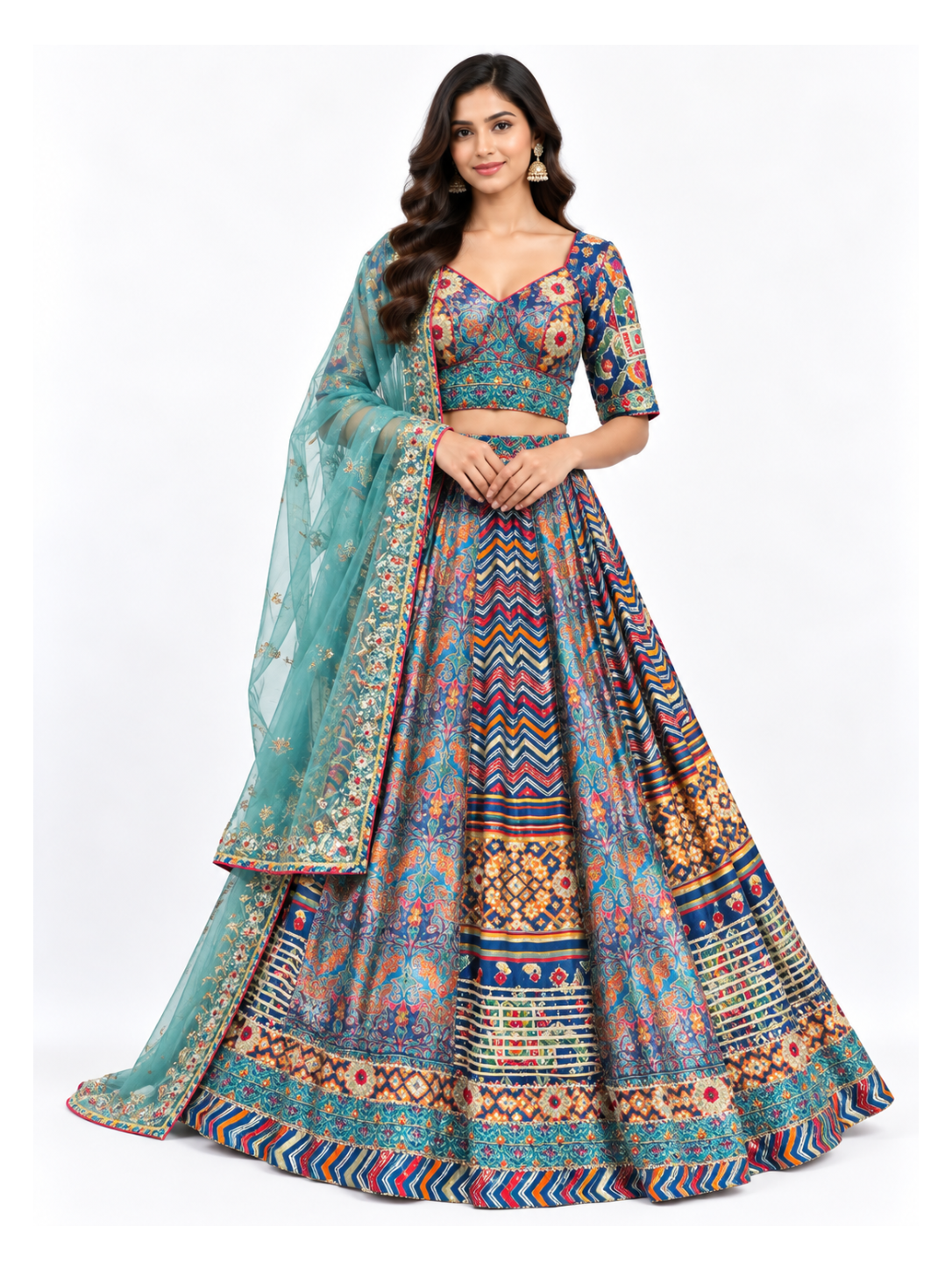 Multicolour Printed Lehenga with Embellished Blouse and Dupatta
