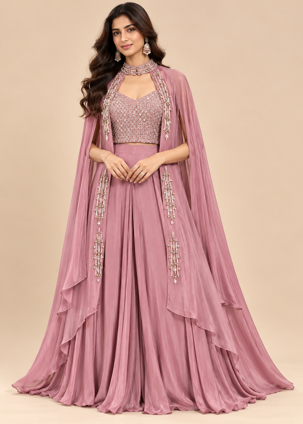 Mauve Pink Embroidered Crop Top with Cape Jacket and Palazzo Set Main image