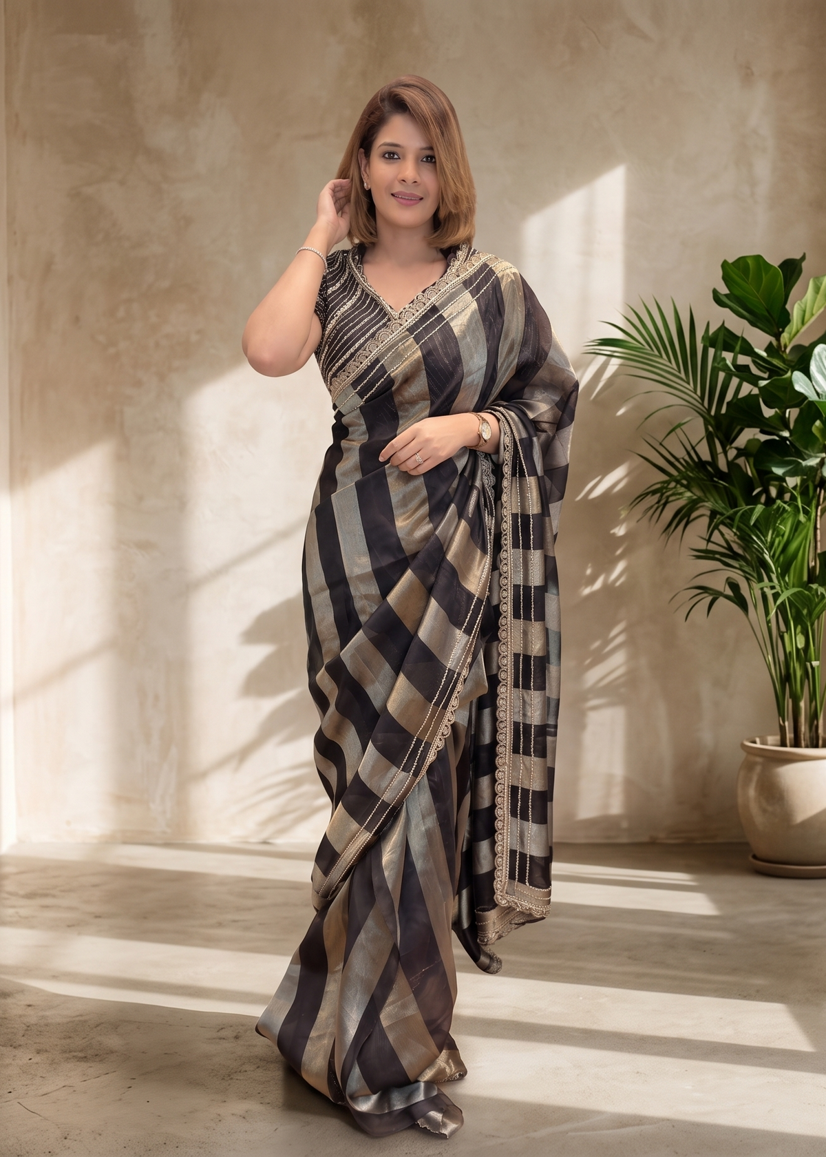 Black & Gold Striped Designer Saree