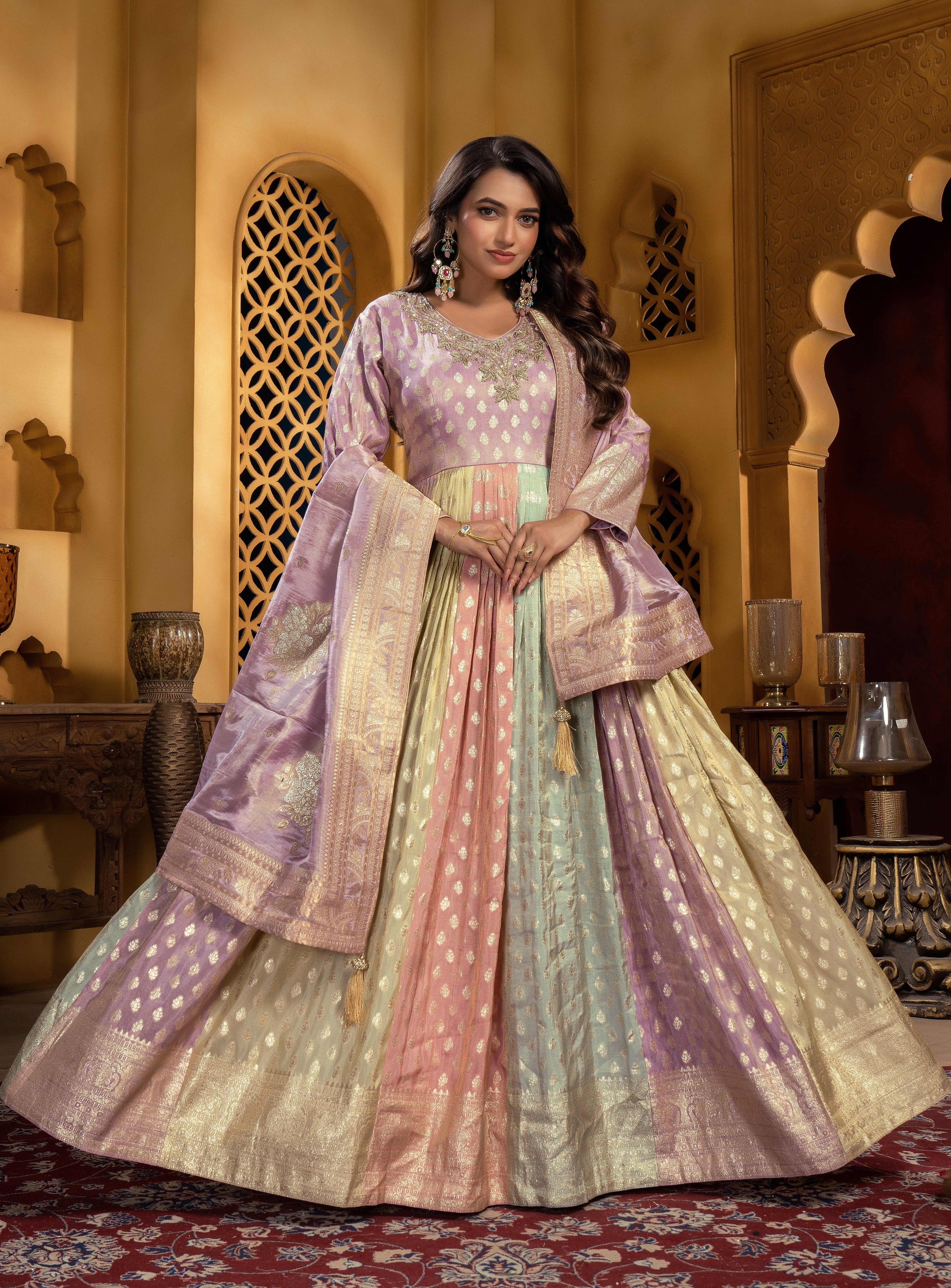 Pastel Rainbow Brocade Anarkali Gown (A1329 GA-3) Secondary image