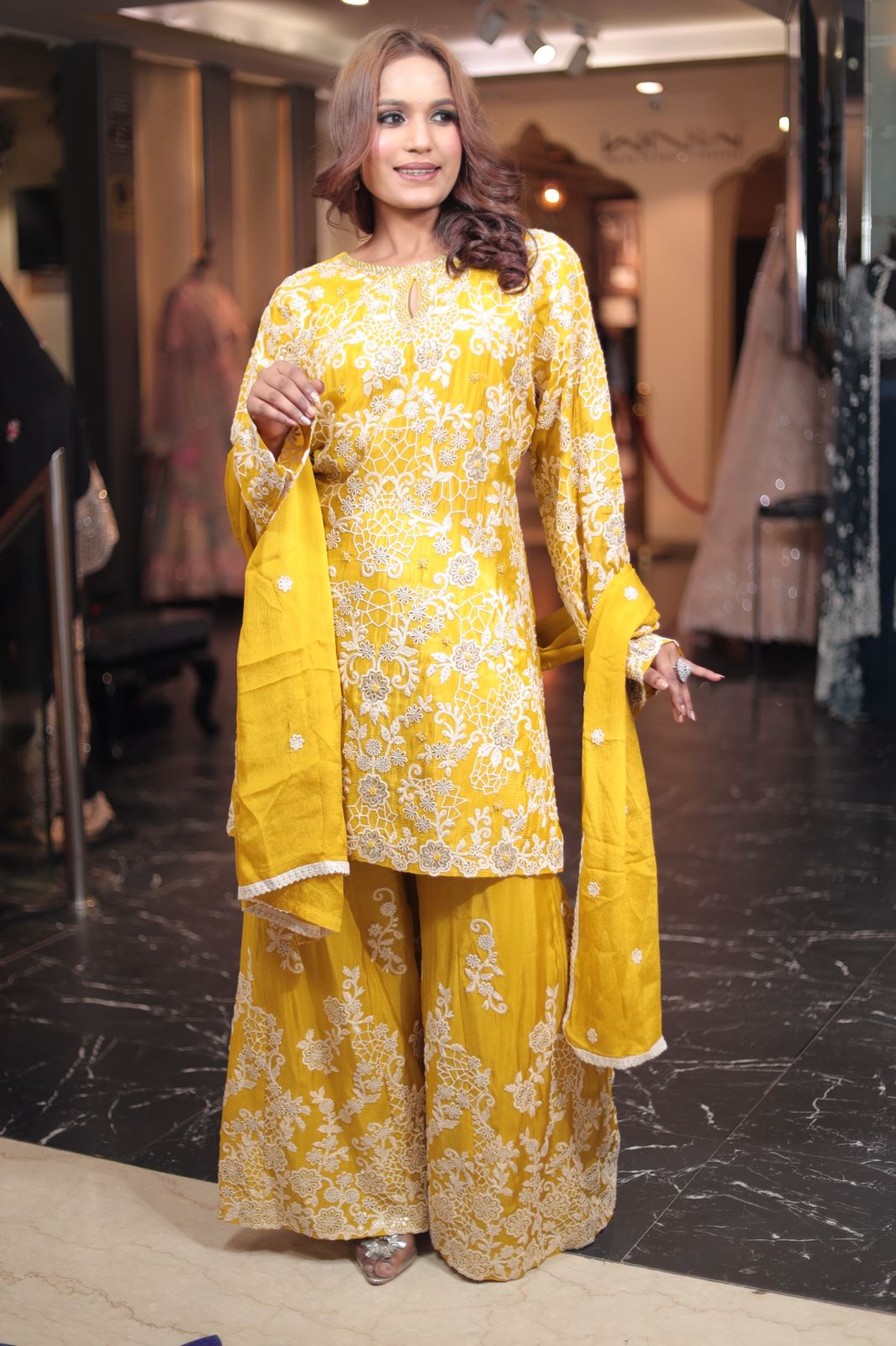 Lemon Georgette Kurti with Pant and Dupatta Set