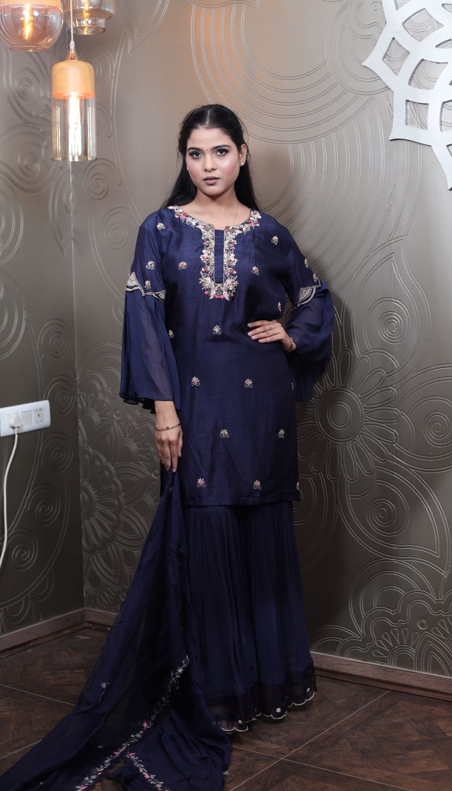 Navy Blue Raw Silk Kurti with Pant and Dupatta