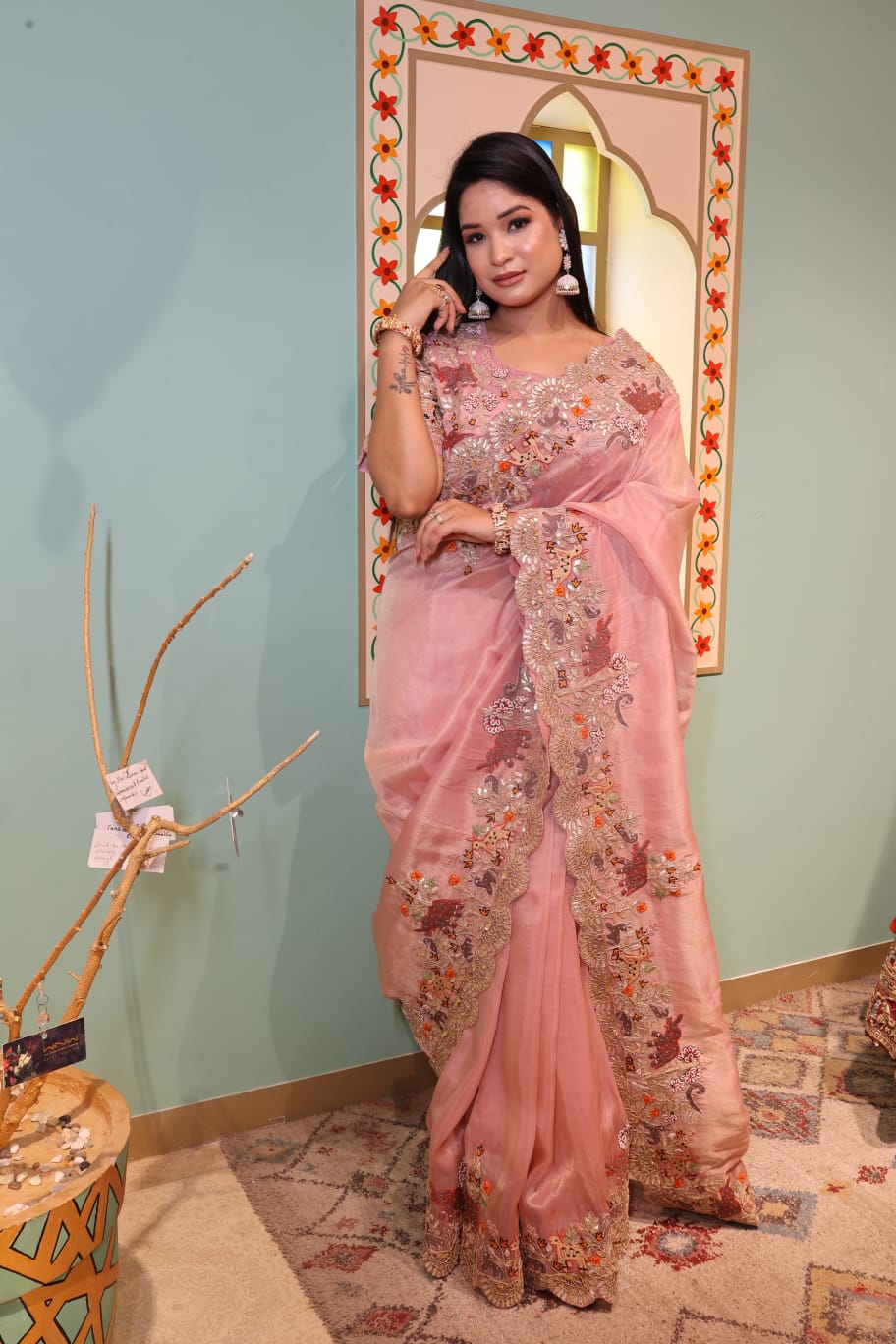 Elegant Pink Lama Georgette Saree with Intricate Embroidery