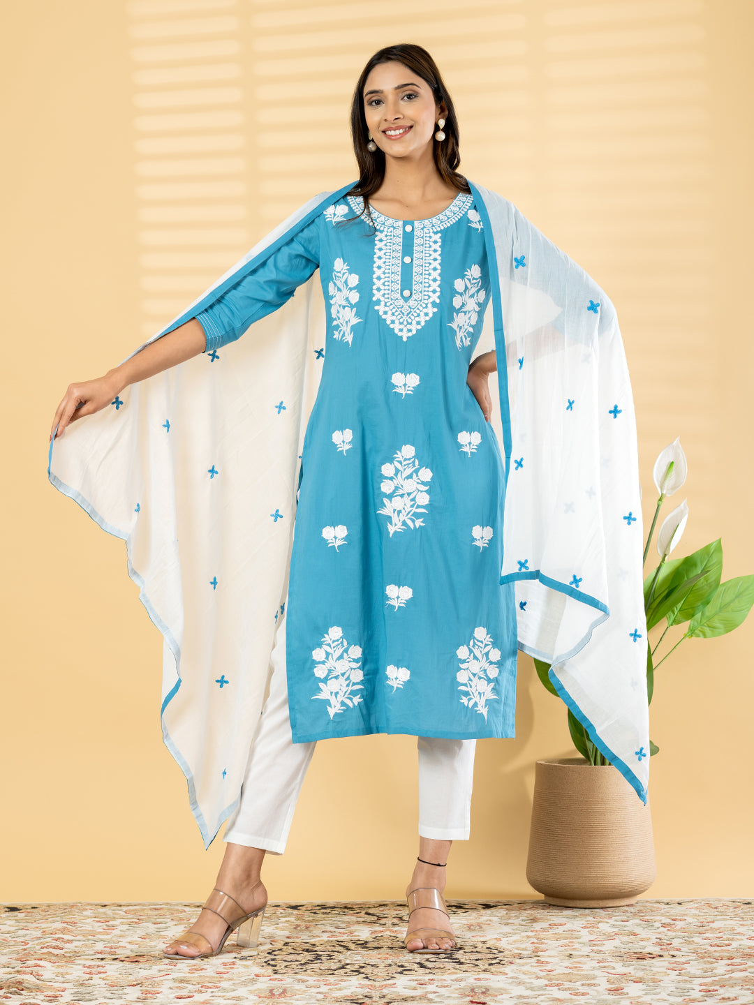 Azure Bloom Hand-Embroidered Suit Set