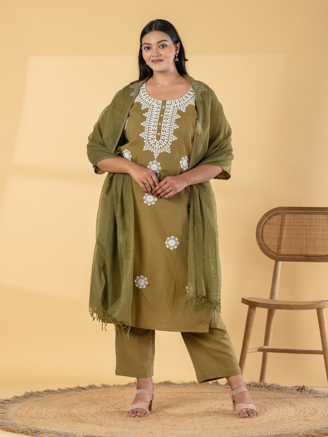Olive Bloom: Chanderi Silk Suit Set