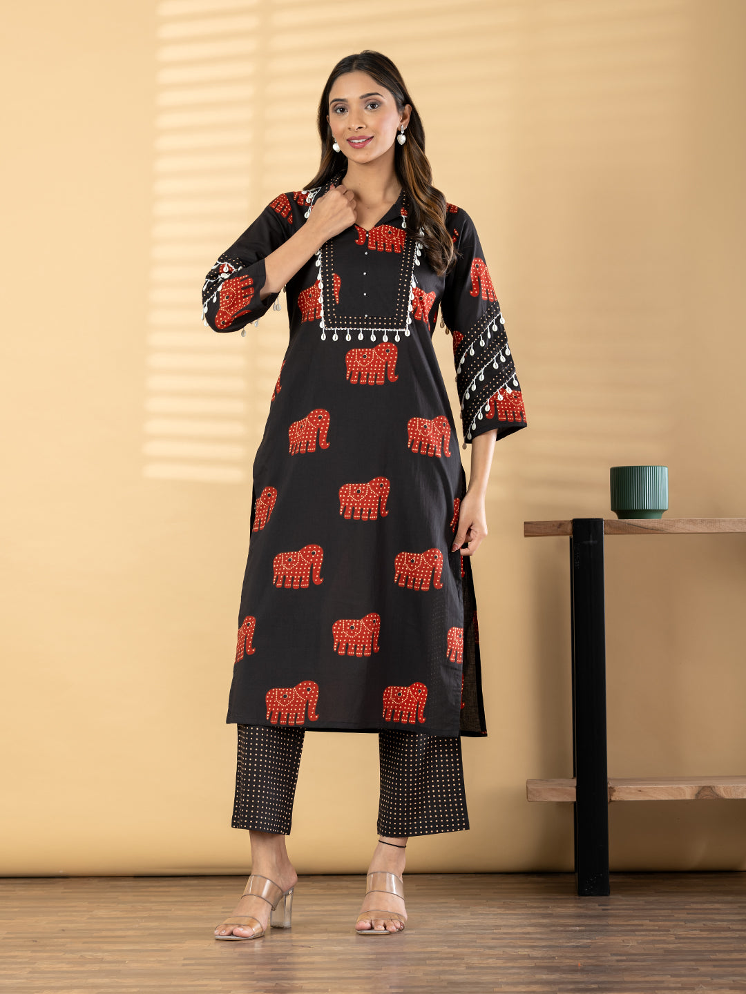 Elephant Print Cotton-Silk Suit with Tassel Accents