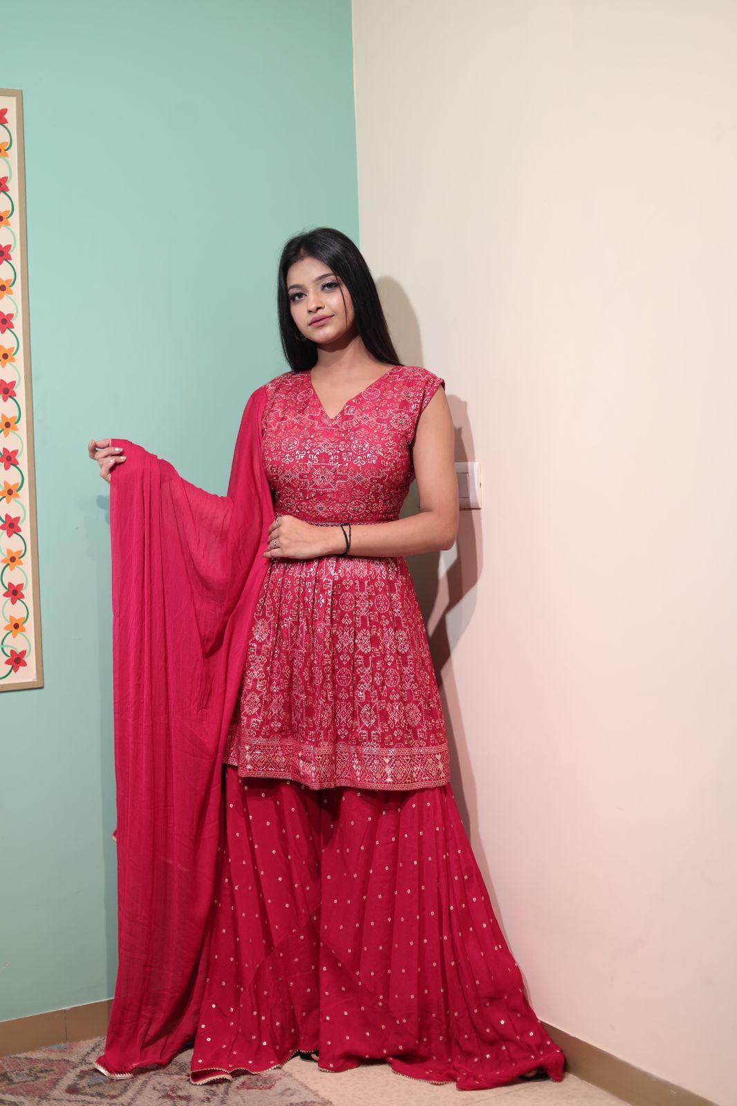 Rose Red Banarasi Silk Peplum Suit with Sharara and Dupatta