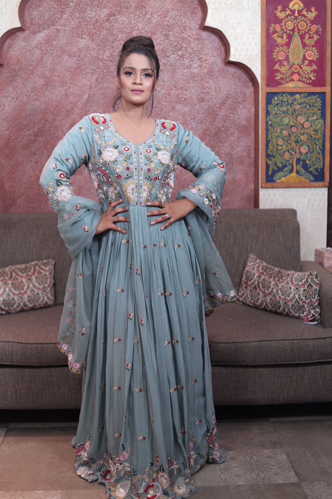 Teal Chinnon Anarkali Dress