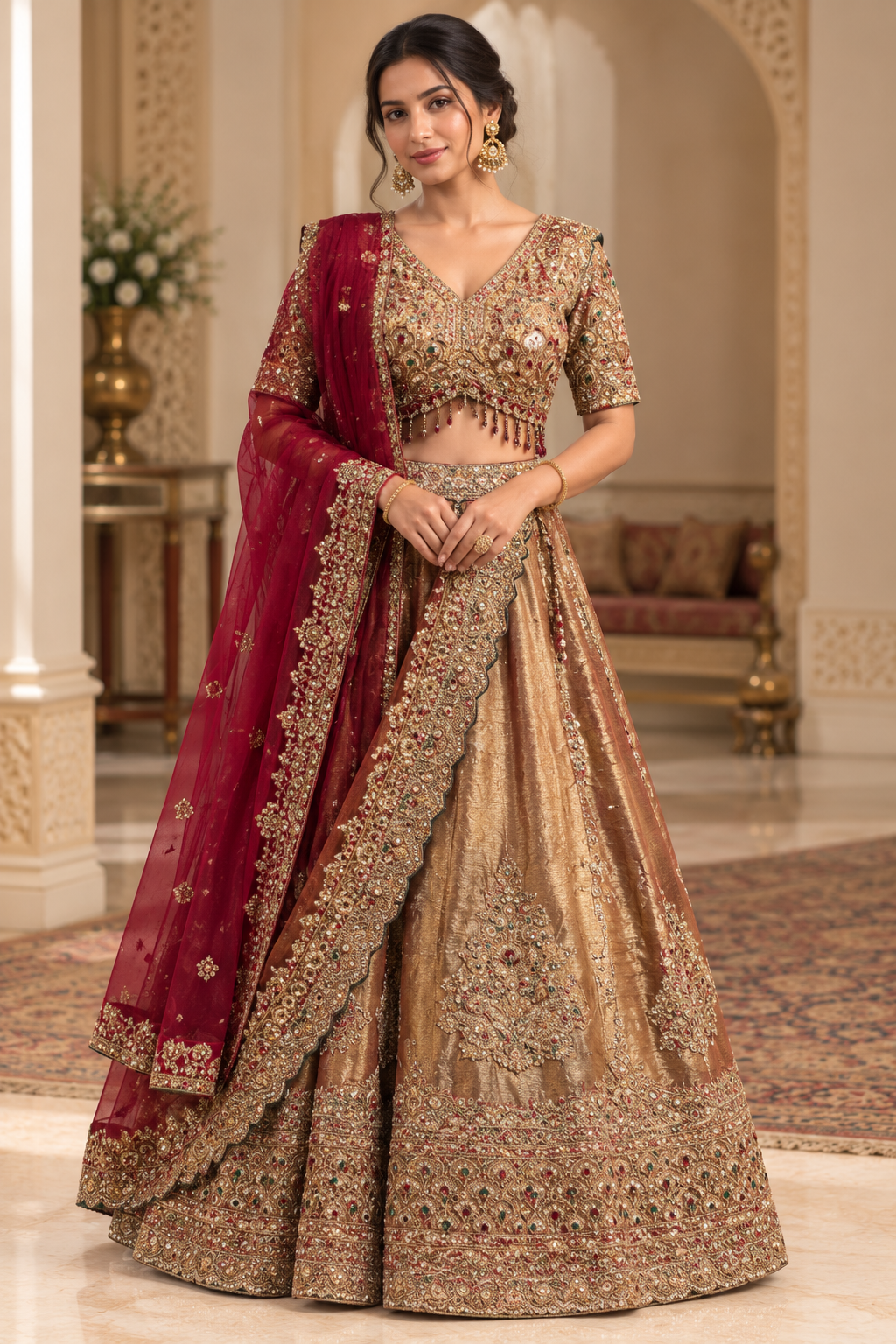 Maroon and Antique Gold Embellished Lehenga Set